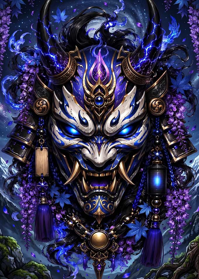 Glowing Blue Oni Samurai Mask