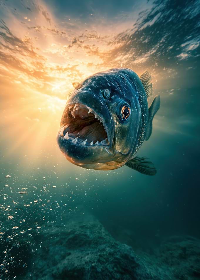 Aggressive Piranha Underwater at Sunset