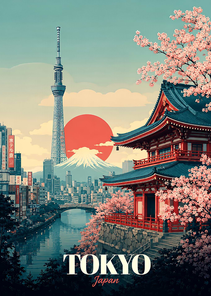 Tokyo Travel Poster with Cherry Blossoms