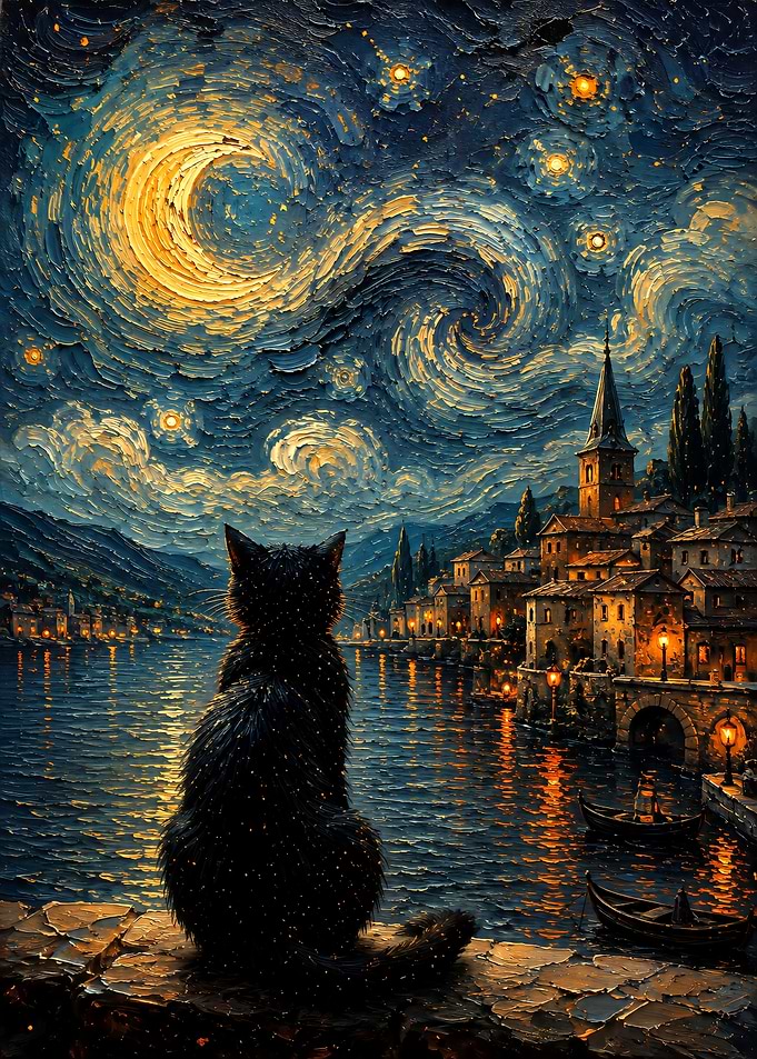 Black Cat Watching Starry Night Town