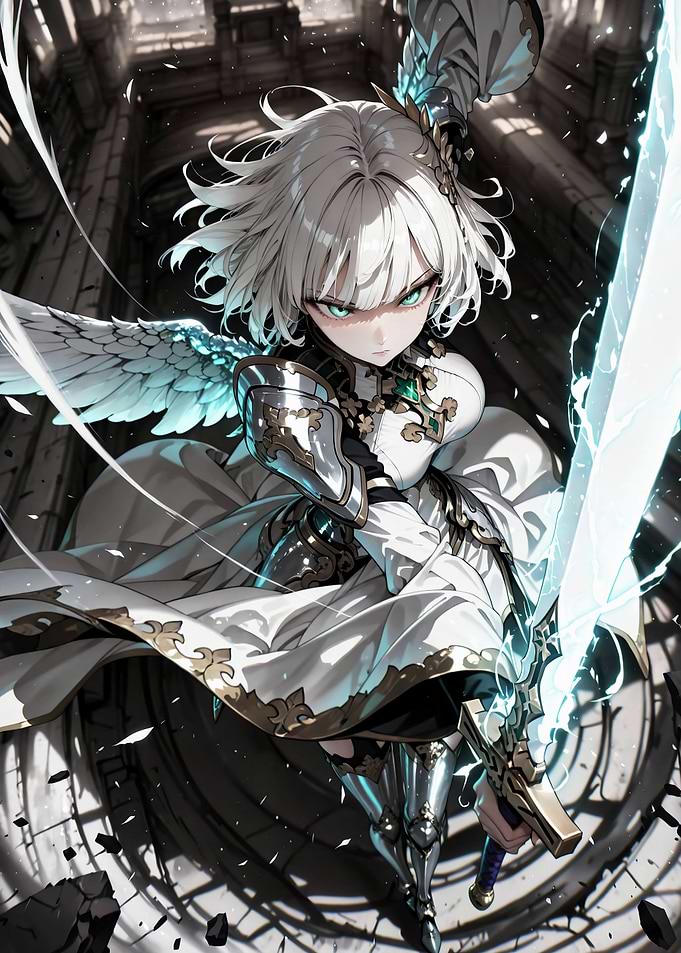 White-Haired Angelic Warrior with Glowing Sword
