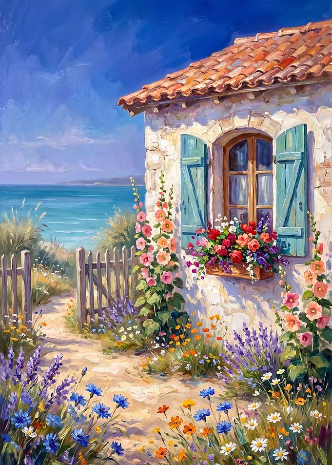 Coastal Cottage with Vibrant Flowers