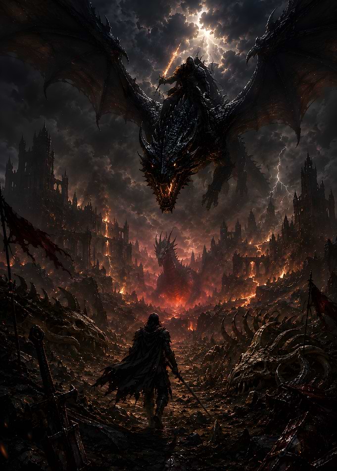 Dark Fantasy Warrior Facing Dragons