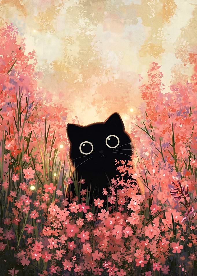 Cute Black Cat in Pink Flowers