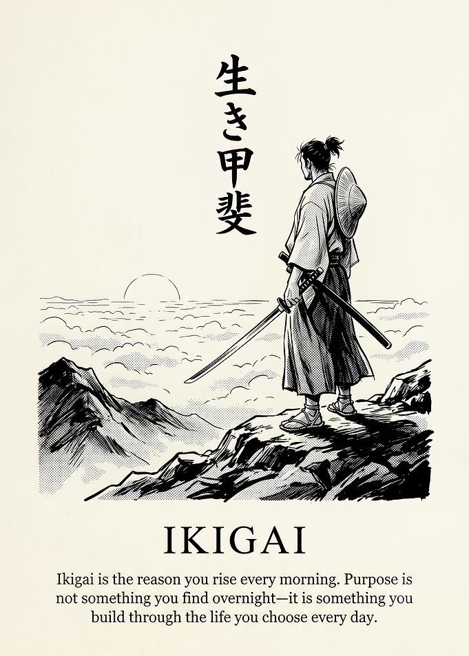 Ikigai Samurai Mountain Sunset Poster