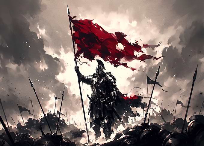 Knight Holding Red Flag in Battle