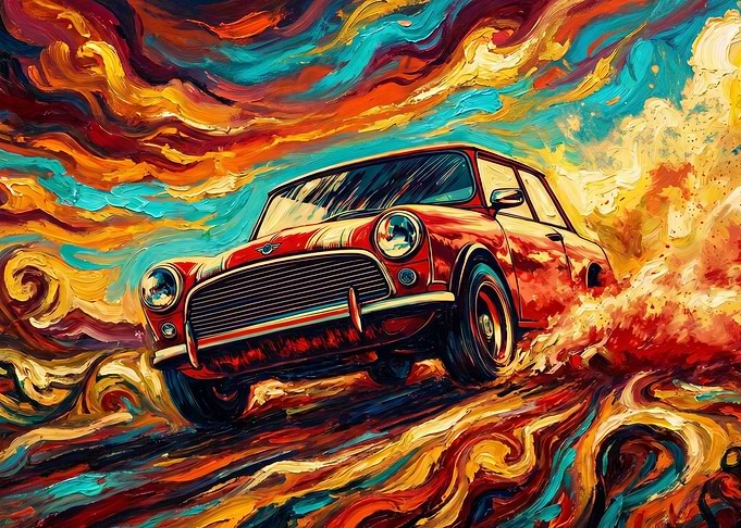 Impressionist Red Mini Cooper Painting