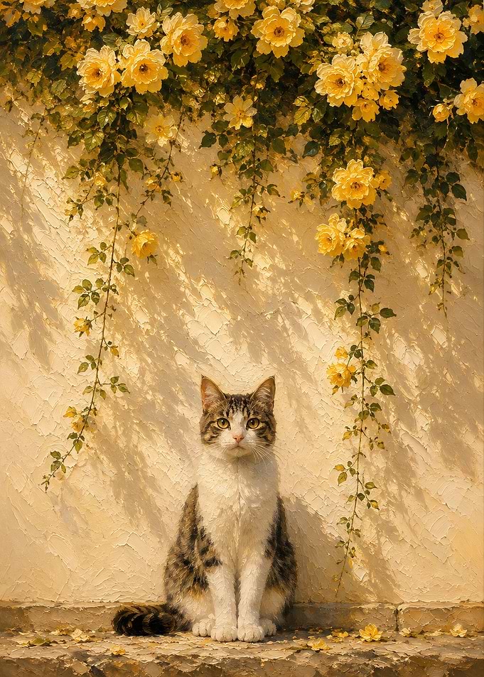 Cat Sitting Under Yellow Roses