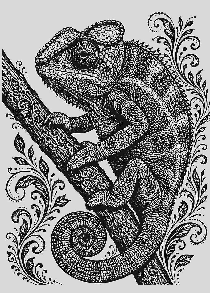 Intricate Black and White Chameleon Illustration