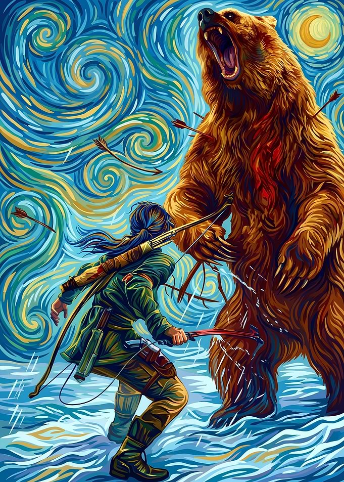 Lara Croft Fighting Bear Starry Night