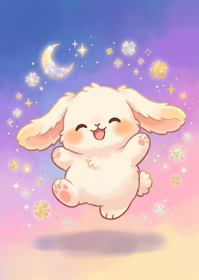 Happy Kawaii Bunny with Magic Sparkles