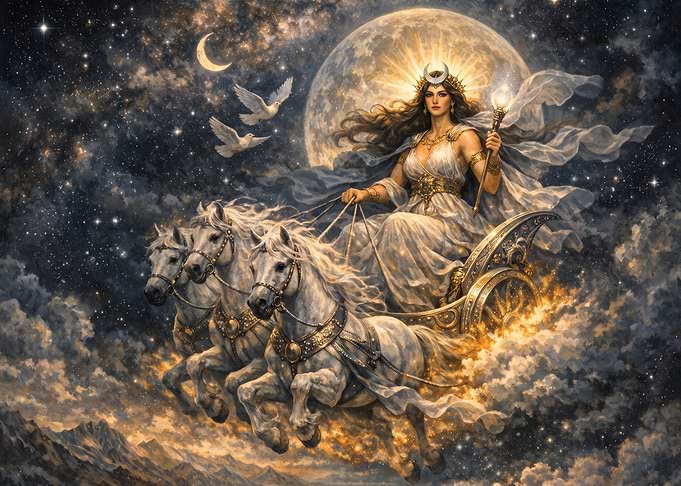Goddess Selene Riding Celestial Chariot