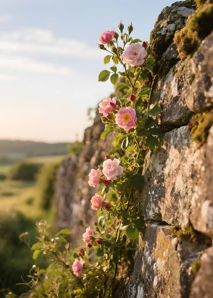 Wild Roses on Stone Wall