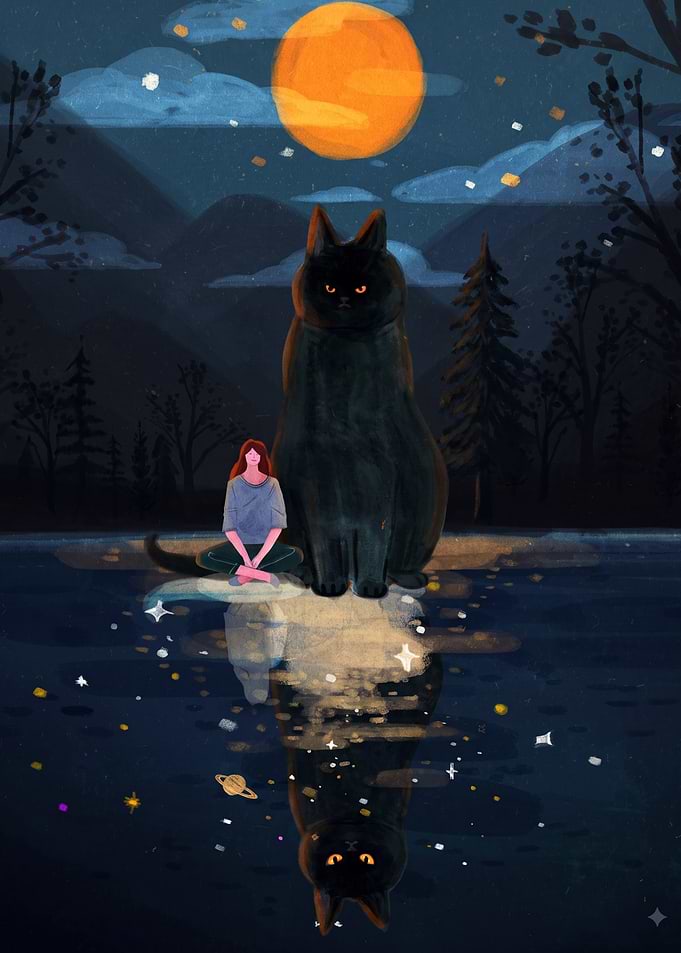 Girl and Giant Cat Under Moon