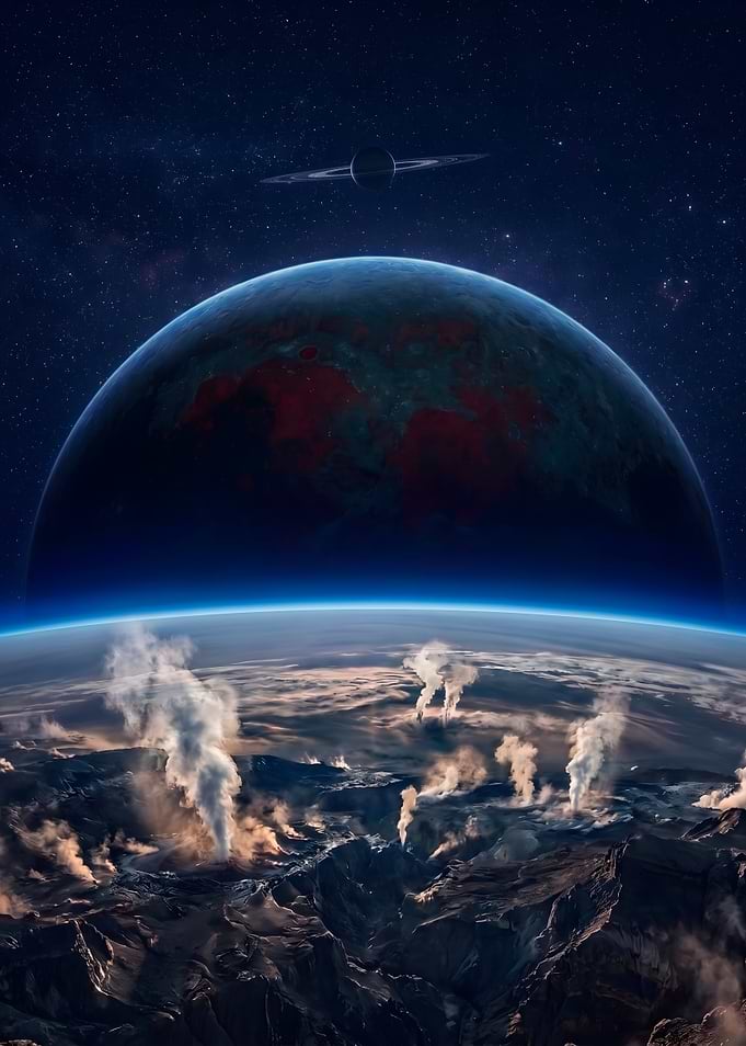 Volcanic Planet Surface Under Cosmic Skies