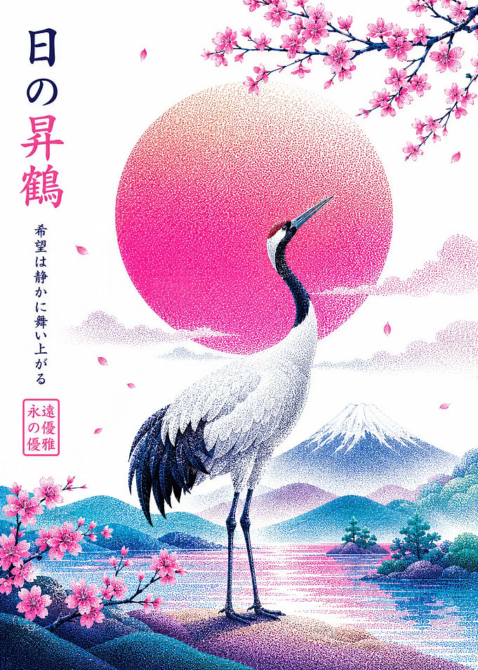 Japanese Crane and Mount Fuji Art