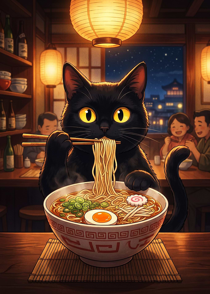 Black Cat Eating Ramen in Izakaya