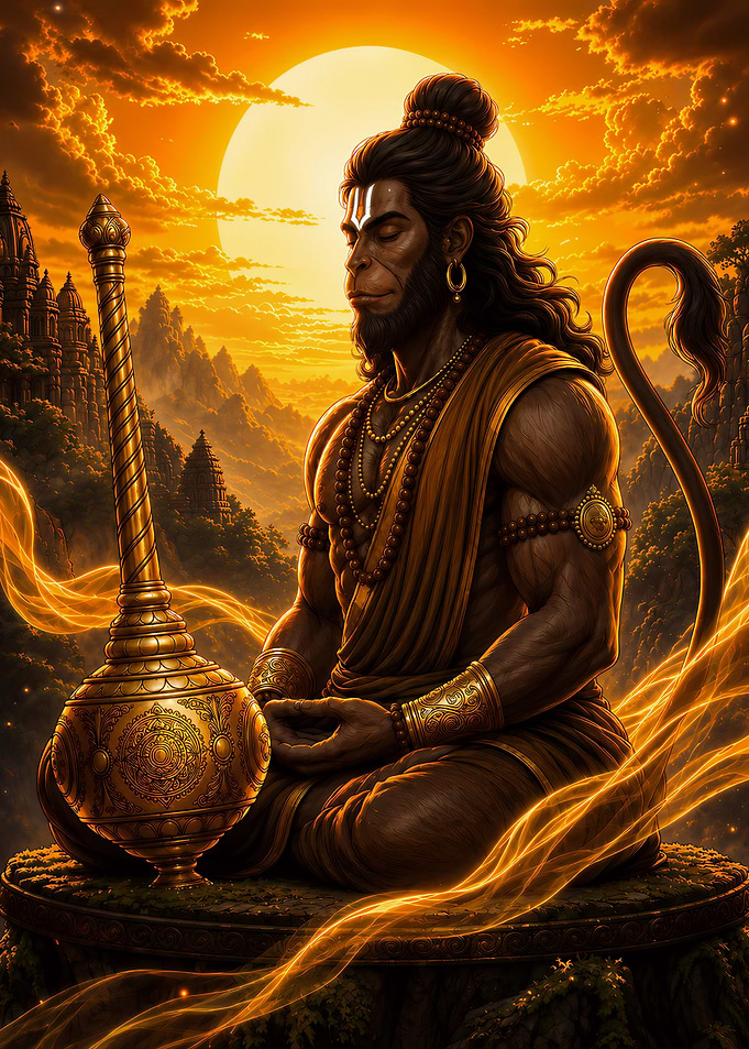 Divine Meditating Lord Hanuman at Golden Sunrise Premium Hindu Wall Art