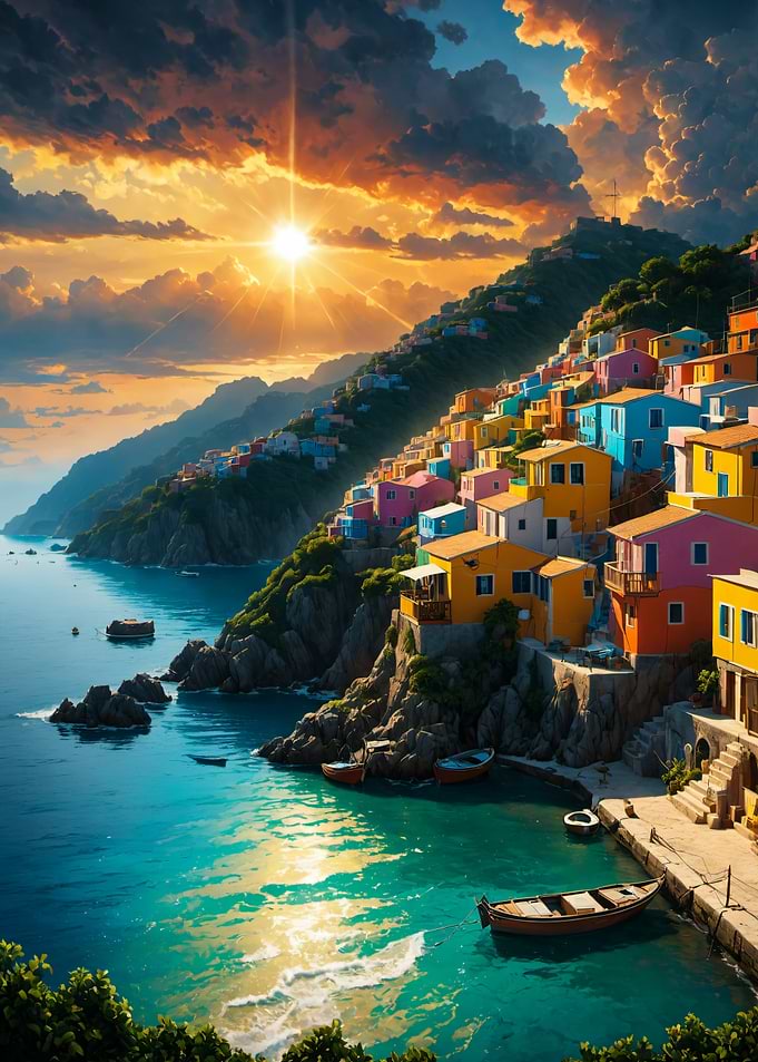 Colorful Coastal Village at Sunset