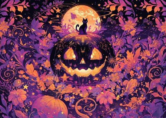 Magical Halloween Pumpkin and Cat
