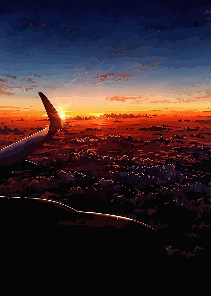 Airplane Wing Over Sunset Clouds
