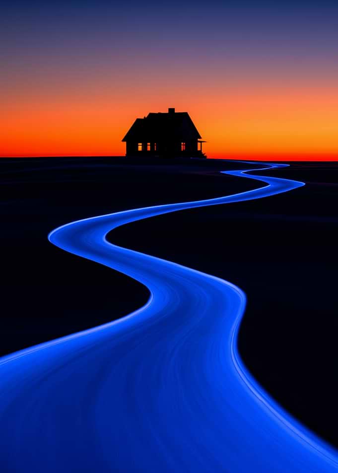 Glowing Blue Path to Silhouette House
