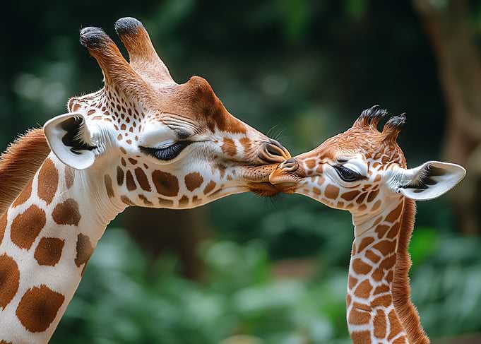 Mother Giraffe Nuzzling Her Calf