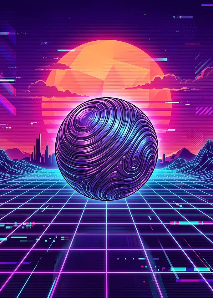 Synthwave Sphere Over Digital Grid