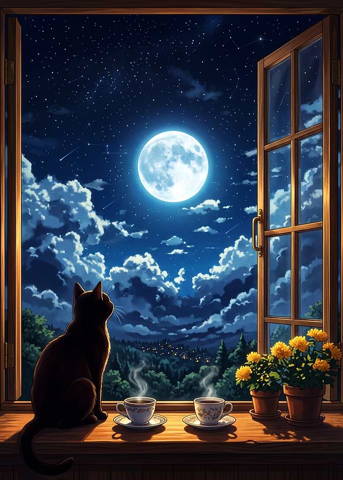 Black Cat Watching Full Moon