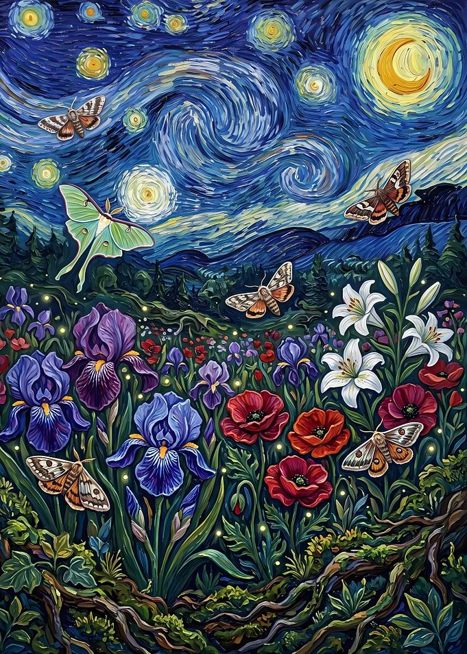 Starry Night Garden with Moths