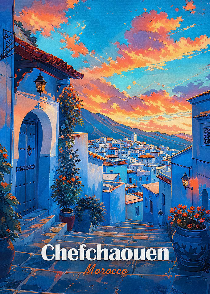 Chefchaouen Morocco Sunset Travel Poster