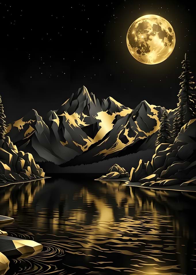 Golden Moon Over Mountain Lake