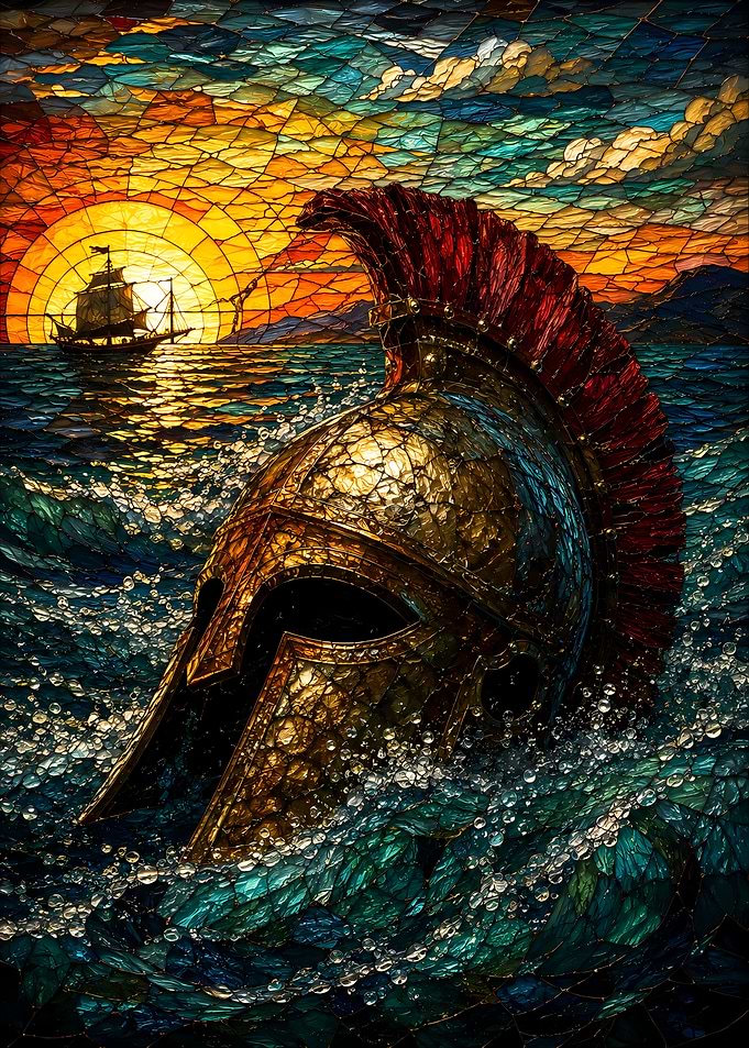 Stained Glass Spartan Helmet at Sea