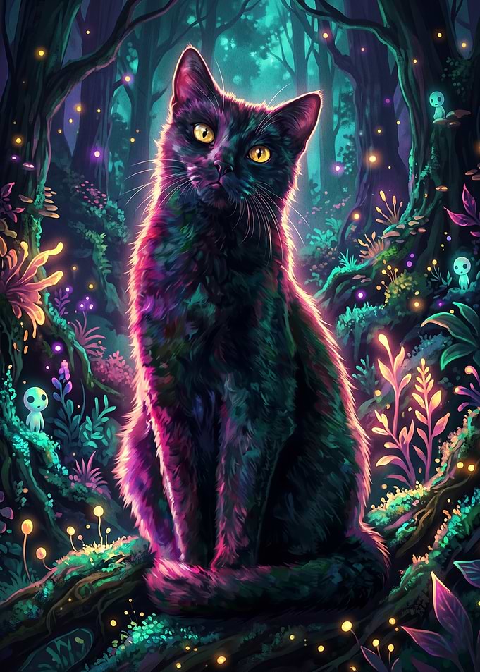 Mystical Black Cat in Enchanted Forest