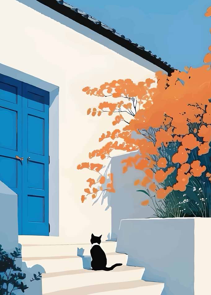 Cat Sitting by Blue Door