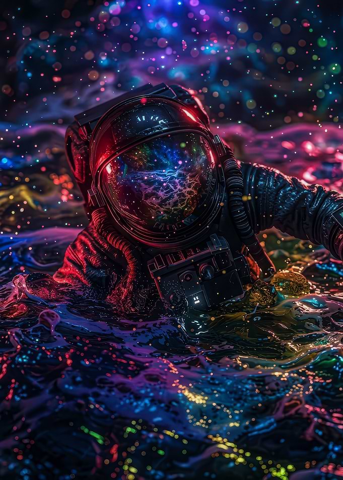 Astronaut Submerged in Neon Cosmic Liquid