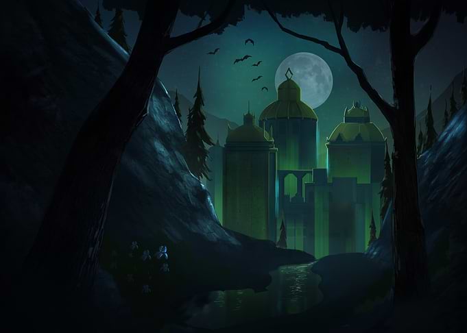 Eerie Moonlit Temple in Dark Forest