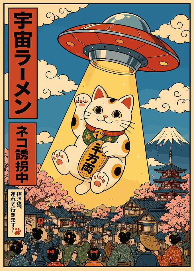 UFO Abducting Lucky Cat Poster