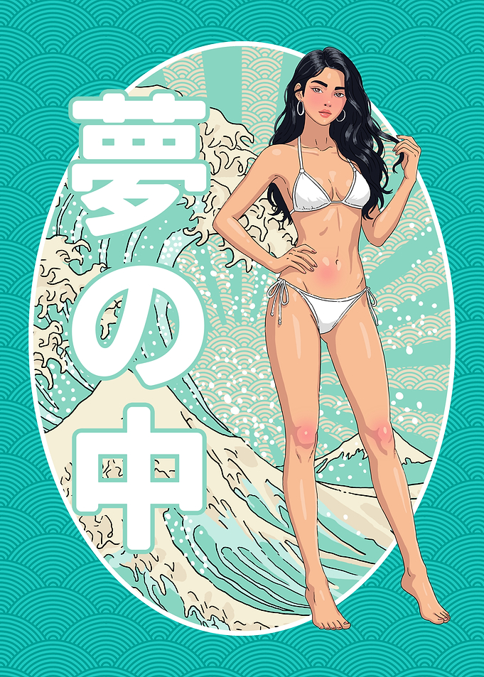 Anime Girl Waifu with Great Wave Art