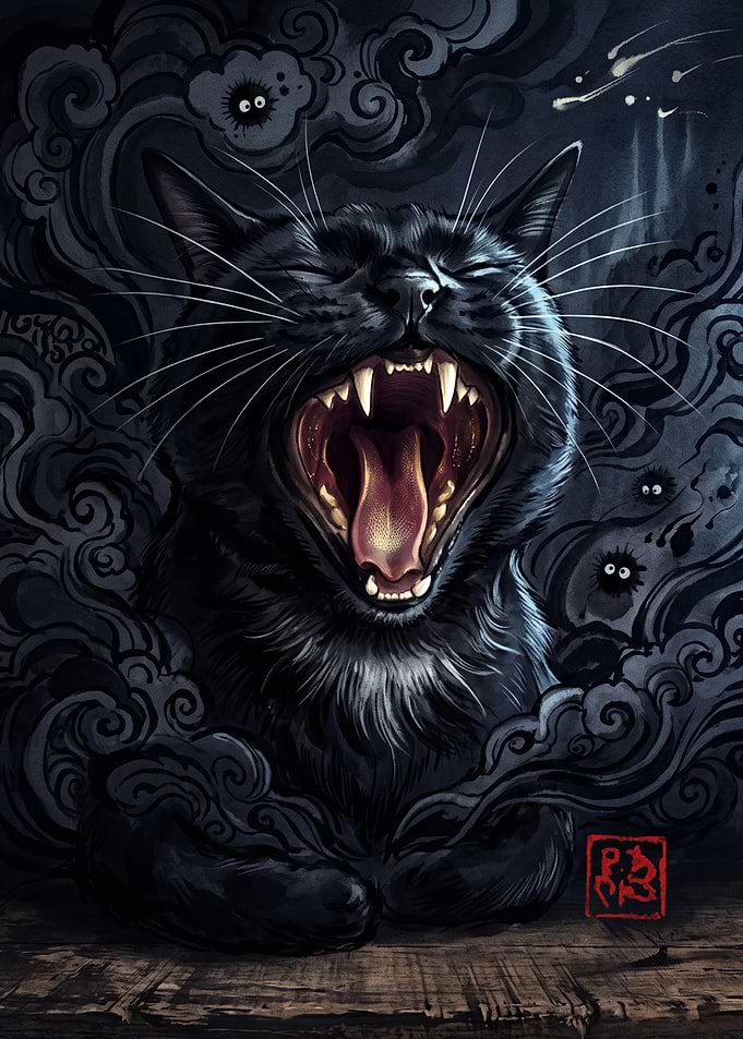 Yawning Black Cat with Soot Sprites