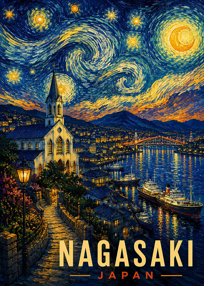 Nagasaki Japan Starry Night Poster