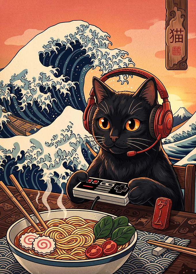 Gamer Black Cat Eating Ramen