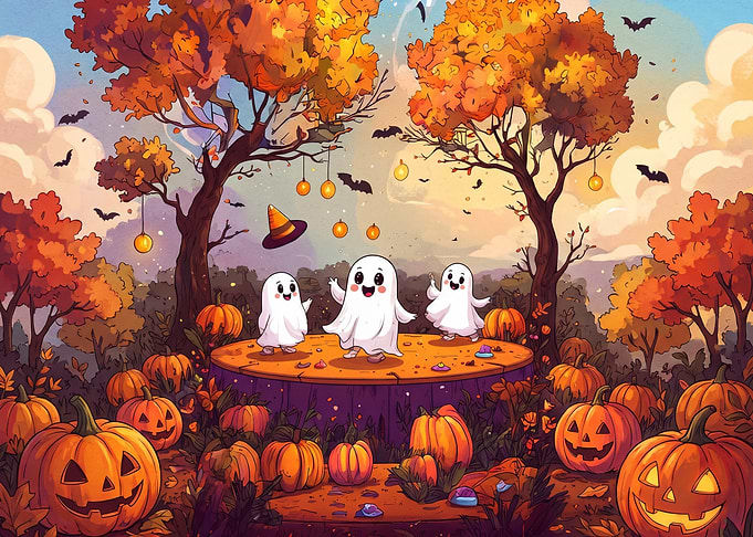 Cute Ghosts Dancing in Pumpkin Patch