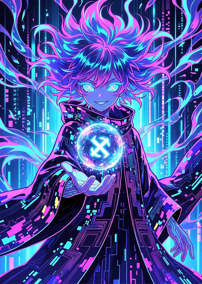 Cyberpunk Anime Mage with Glowing Orb