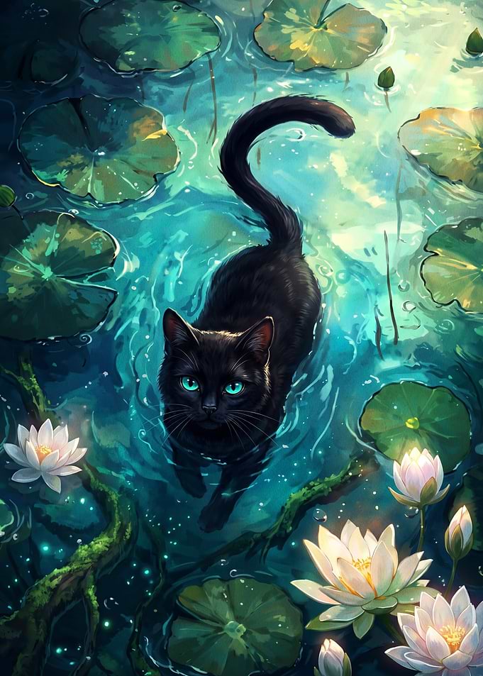 Black Cat Swimming in Lotus Pond