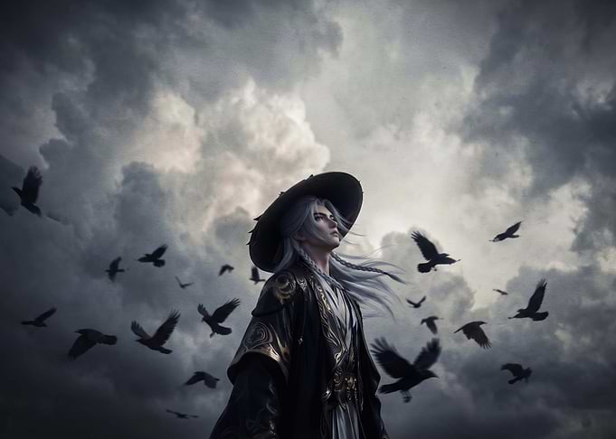 Mystical Warrior Amidst a Raven Flock