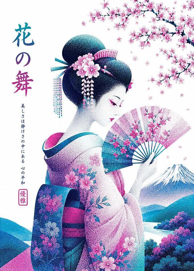 Geisha with Cherry Blossoms and Fuji