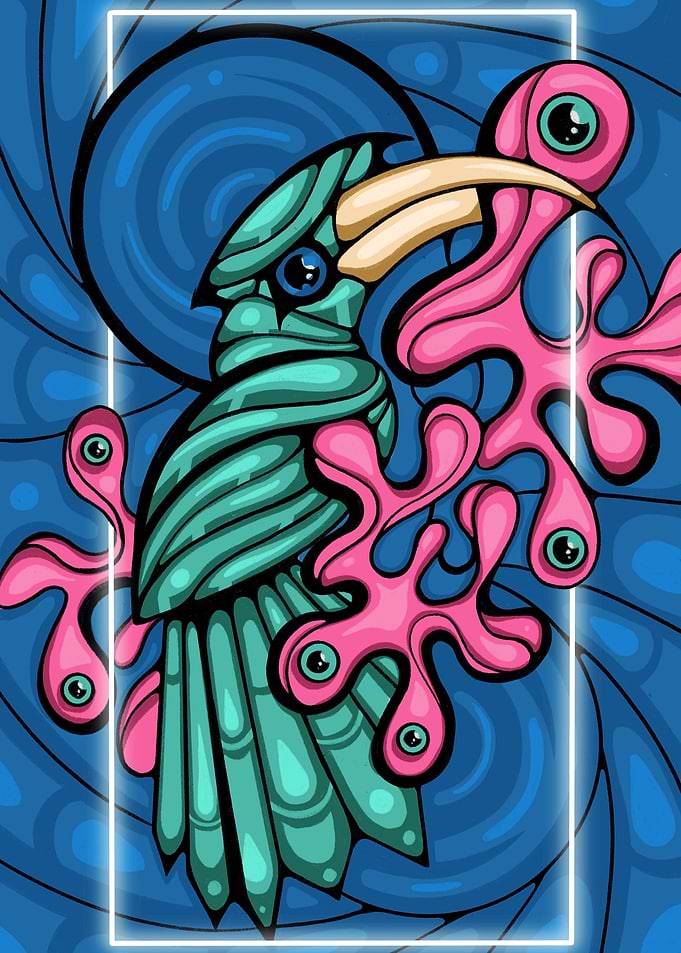 Surreal Bird with Pink Eyed Tentacles