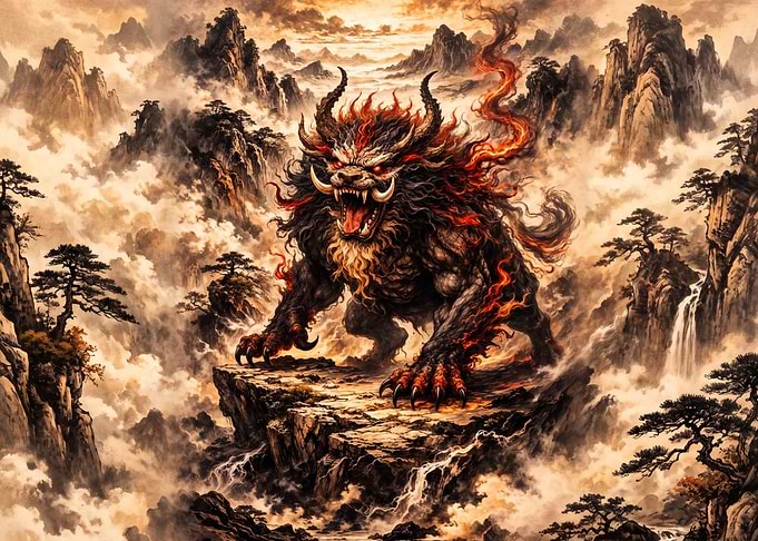 Fiery Mythical Beast on Mountain Peak