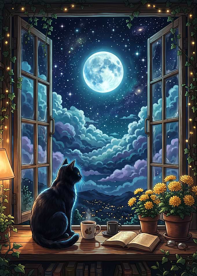 Black Cat Watching Full Moon